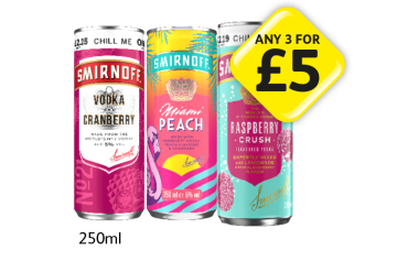 Smirnoff Vodka Cranberry, Miami Peach, Raspberry Crush - Any 3 for £5 at Londis