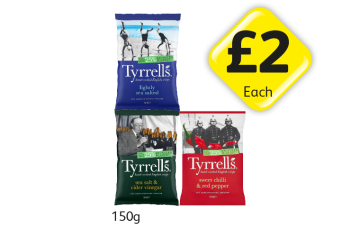 Tyrrells Lightly Sea Salted, Sea Salt & Cider Vinegar, Sweet Chilli - Now Only £2 at Londis