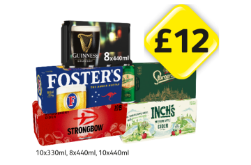 Guinness, Foster's, Staropramen, Strongbow Strawbarry, Inch's Cider - Now Only £12 at Londis