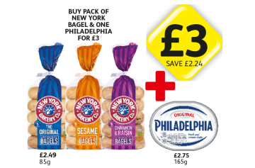 New York Bakery Co Bagels, Sesame, Cinnamon & Raisin, Philadelphia - Now Only Buy Pack Of New York Bagel & One Philadelphia for £3 at Londis