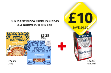 Pizza Express Margherita, American, Budweiser - Now Only Buy Any 2 Pizza Express Pizzas & A Budweiser for £10 at Londis