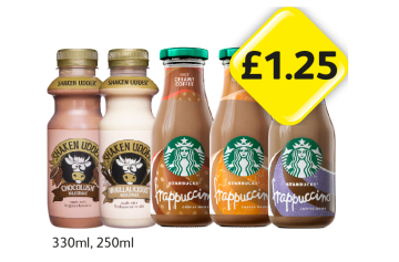 Shaken Udder Chocolush, Vanillalicious, Starbucks Frappuccino Creamy Coffee, Caramel, Mocha Delight - Now Only £1.25 at Londis