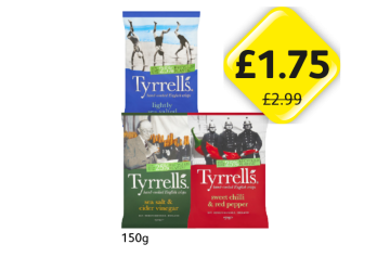 Tyrrells Lightly Salted, Salt & Cider Vinegar, Sweet Chilli & Red Pepper - Now Only £1.75 at Londis