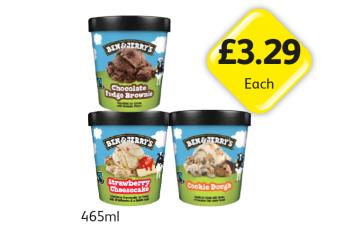 Ben & Jerry's Chocolate Fudge Brownie, Strawberry Cheesecake, Cookie Dough - Now Only £3.29 at Londis