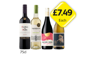 Casillero Del Diablo Merlot, Trivento Pinot Grigio, Jacob's Creek Juicy & Smooth, The Secretary Bird - Now Only £7.49 at Londis