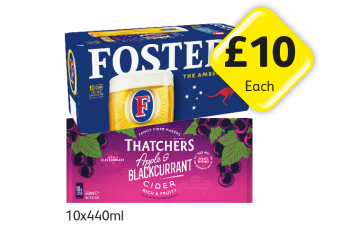 Fosters, Thatchers Apple & Blackcurrant - Now Only £10 at Londis