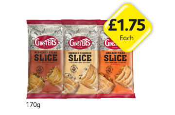 Ginsters Peppered Steak Slice, Chicken & Mushroom, Chicken Tikka - Now Only £1.75 at Londis
