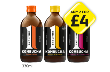 One Living Kombucha Mango & Lime, Ginger & Turmeric, Raspberry & Pomegranate - Any 2 for £4 at Londis