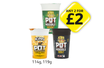 Pot Noodle Chicken & Mushroom, Original Curry, Bombay Bad Boy - Any 2 for £2 at Londis