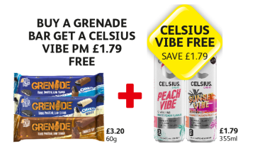 Grenade Protein Bar Oreo, White, Fudged Up, Celsius Vibe Free - Now Only Buy A Grenade Bar Get A Celsius Vibe FREE at Londis