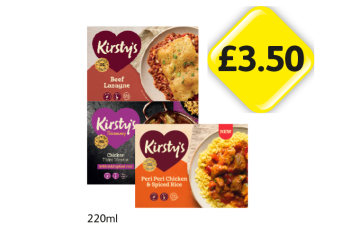Kirsty's Beef Lasagne, Chicken Tikka Masala, Peri Peri Chicken & Spiced Rice - Now Only £3.50 at Londis