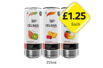 Celsius Guave & Kiwi, Raspberry & Peach, Sparkling Mango - Now Only £1.25 at Londis