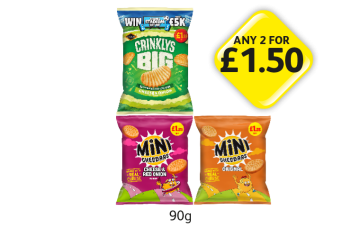 Crinklys Big Cheese & Onion, Cheese & Red Onion, Original - Any 2 for £1.50 at Londis