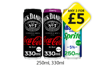 Jack Daniels Coca Cola, Cherry, Absolut Sprite - Any 3 for £5 at Londis