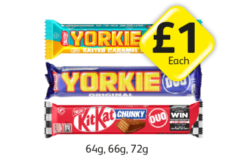 Yorkie Salted Caramel, Duo, KitKat Chunky Duo - Now Only £1 at Londis