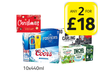 CHRISTMAS VALUE: Fosters, Carling, Coors, Inch's - Any 2 for £18 at Londis