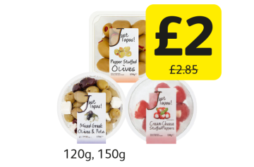 Just Tapas Pepper Stuffed Olives, Mixed Greek Olives & Feta, Cream Cheese Stuffed Peppers - Now Only £2 at Londis