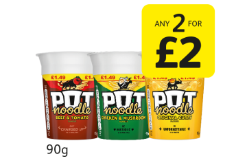 Pot Noodle Beef & Tomato, Chicken & Mushroom, Original Curry - Any 2 for £2 at Londis