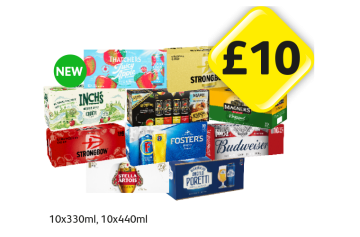 Thatchers Juicy Apple, Strongbow, Inch's Cider, Kopparberg Variety Pack, Magners Original, Strongbow Strawberry, Fosters, Budweiser, Stella Artois, Poretti - Now Only £10 at Londis