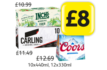 MEGA DEALS: Inch's Medium Apple Cider, Carling, Coors, was £10.99, £11.49, £12.69 - Now only £8 at Londis