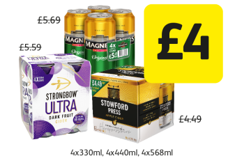 Magners Original, Strongbow Dark Fruit Cider, Stowford Press Apple Cider, was £5.69, £5.59, £4.49 - Now only £4 at Londis