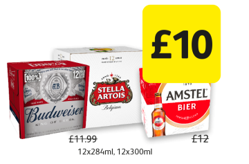 Stella Artois, Budweiser, Amstel Bier, was £11.99, £12 - Now only £10 at Londis