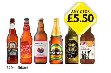 Henry Weston's Vintage, Thatcher's Blood Orange, Rekorderlig Wild Berries, Magners, Kopparberg Summer Punch, Old Mout Cider Mango & Passionfruit - Any 2 for £5.50 at Londis