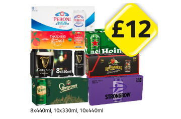Peroni, Thatcher's Blood Orange, Heineken, Guinness, Kopparberg Strawberry & Lime, Staropramen, Strongbow Dark Fruits - Now Only £12 at Londis