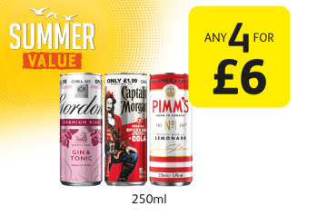 SUMMER VALUE: Gordons Premium Pink Gin & Tonic, Captain Morgans Spiced Gold Rum & Cola, Pimm's with Lemonade  - Any 4 For £6 at Londis