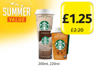 SUMMER VALUE: Starbucks Caffè Latte, Doubleshot Espresso, Caramel Macchiato, was £2.20 - Now only £1.25 at Londis