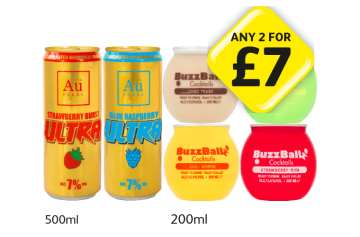 Au Vodka Ultra Strawberry Burst, Blue Raspberry, BuzzBall Choc Tease, Tequila'Rite, Chilli Mango, Strawberry'Rita - Any 2 for £7 at Londis