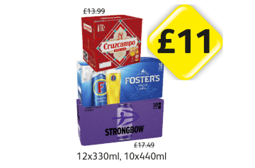 Cruzcampo, Fosters, Strongbow Dark Fruits - Now Only £11 each at Londis