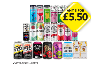 Funkin Cocktails, Gordon's, Captain Morgan, Bacardi, White Claw, Smirnoff, Suntory 196, Jack Daniel's, Dead Man's Fingers, Southern Comfort, Malibu - Any 3 for £5.50 at Londis